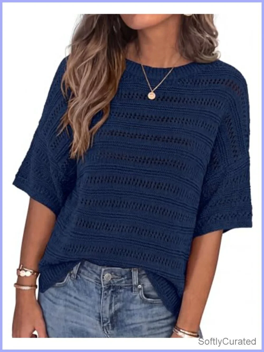 Oversized Crochet Short Sleeve Pullover Sweater, Lightweight Hollow Out Knit,